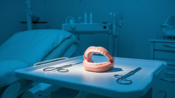 A sleep apnea oral appliance and surgical instruments on a bedside table