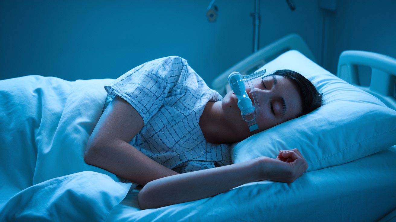 Person sleeping on side wearing positional therapy device for sleep apnea treatment