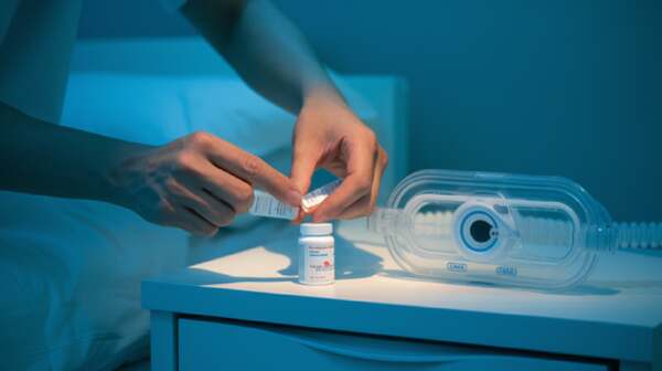 Person comparing sleep apnea medication pills with CPAP machine on bedside table